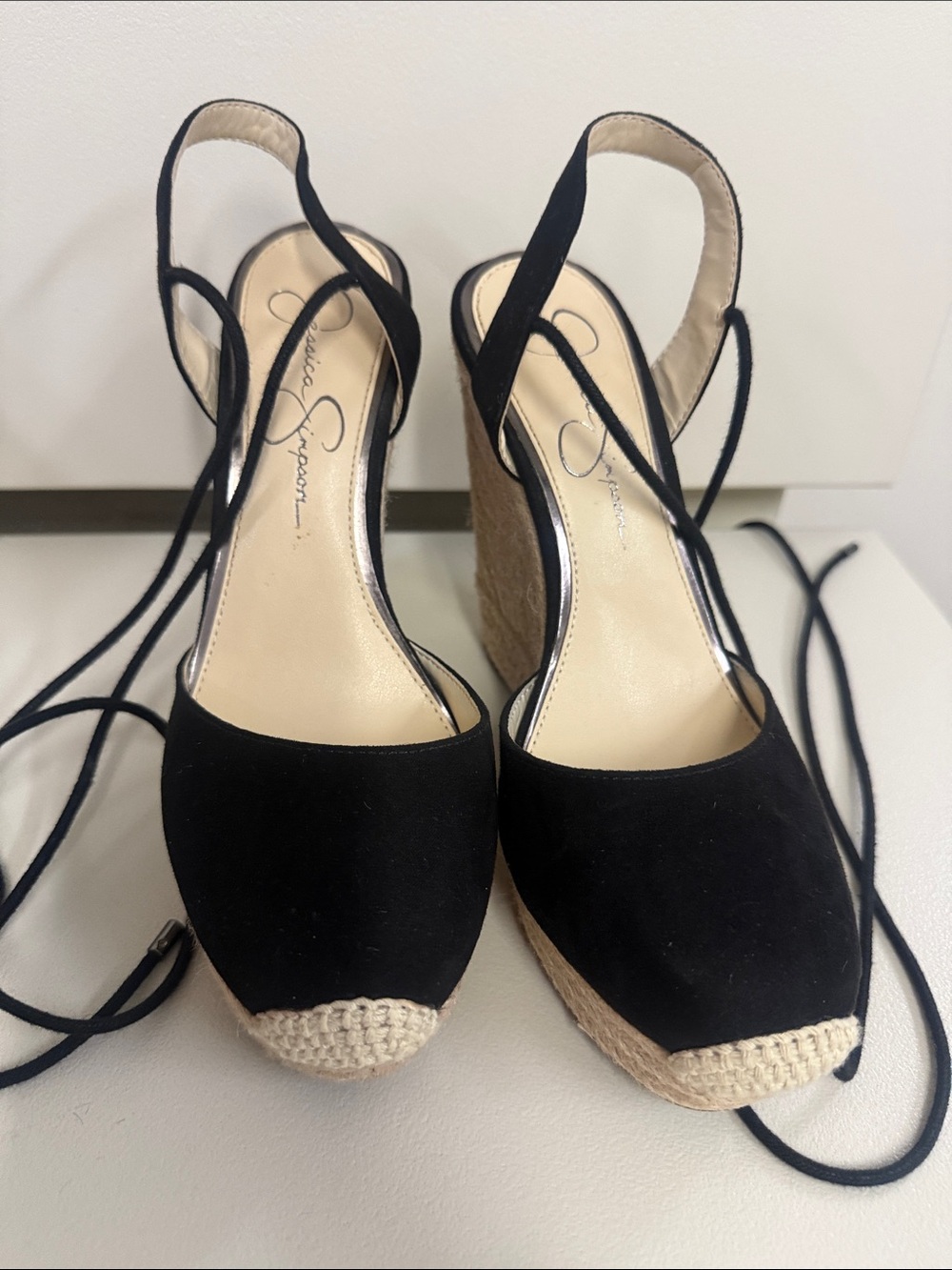 Jessica Simpson Black Suede Espadrille Wedge Sandals with Ankle Ties